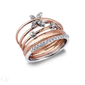 Anello in Oro bianco e rosa 18k con 5 fili intrecciati e incastonati diamanti a formare una farfallina