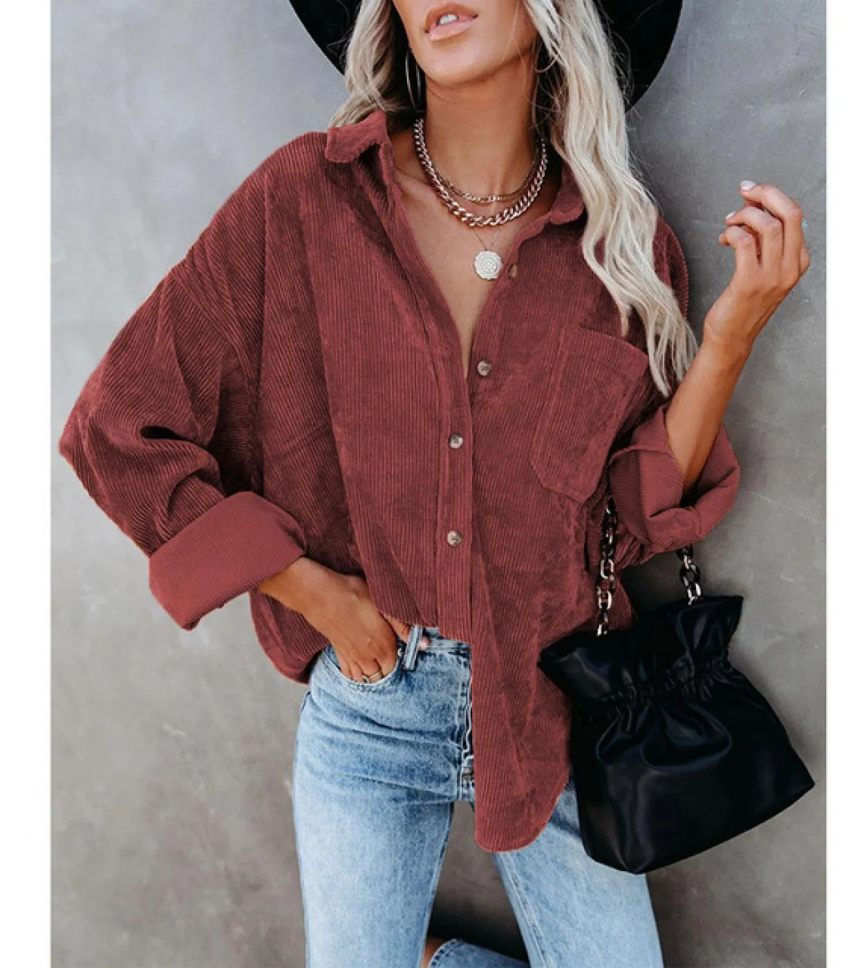 Camicia a maniche lunghe in velluto a coste casual Camicette da donna Camicia a maniche lunghe con bottoni moda autunno per donn