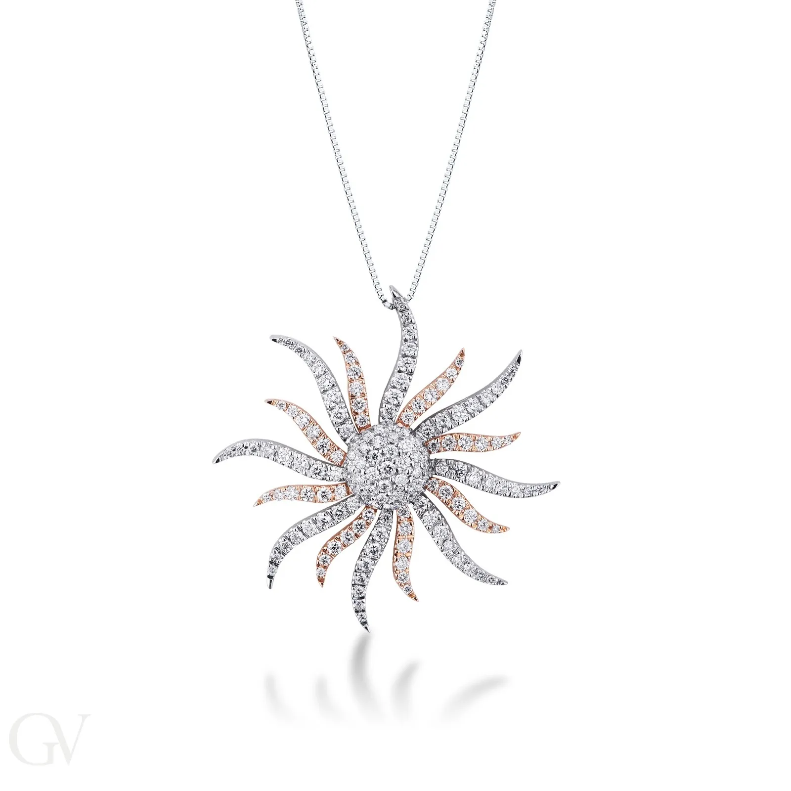 Collana con sole in oro bianco e rosa 18k in diamanti