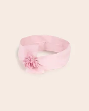 Fascetta in cotone stretch rosa con fiore e fiocco in tulle applicato 12 mesi