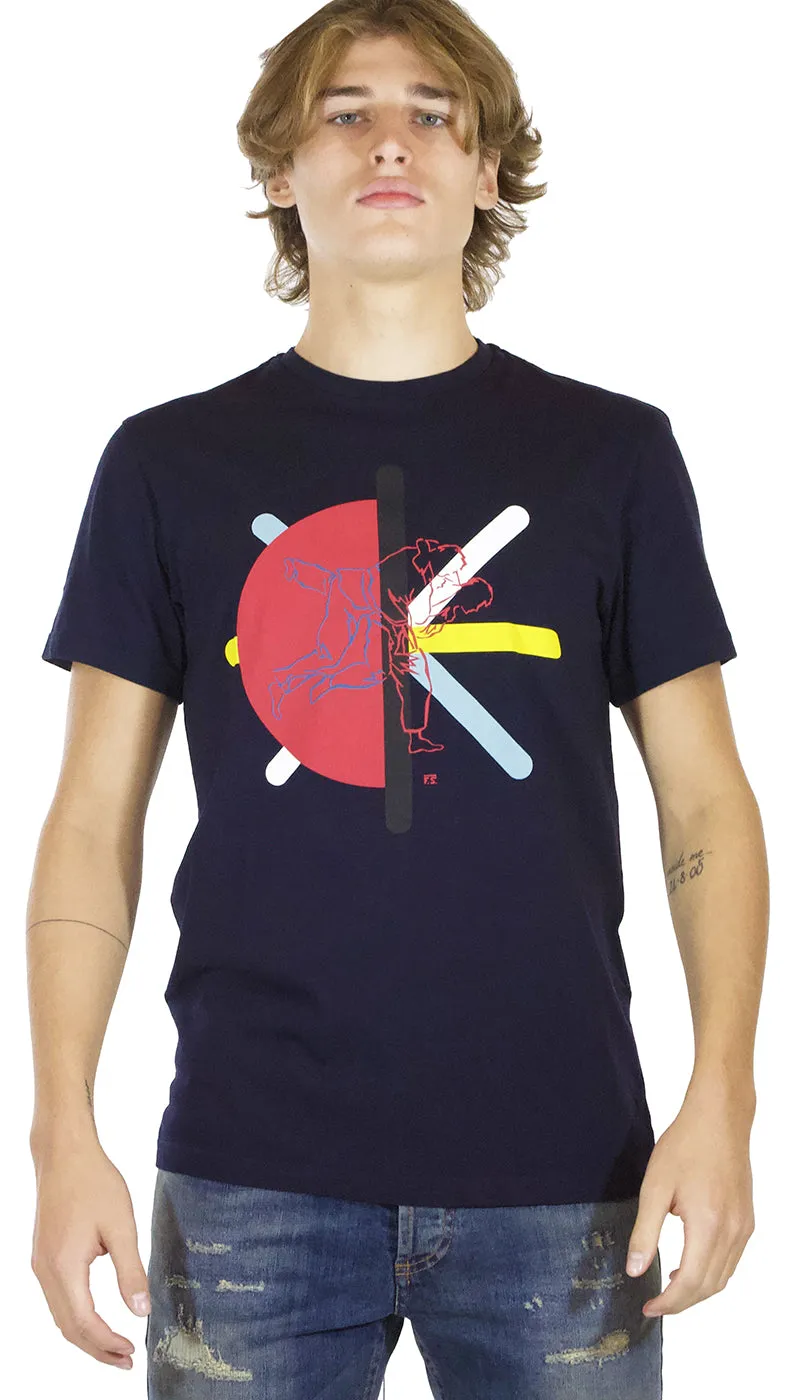 Manuel Ritz T-shirt uomo blu in cotone stampa karate