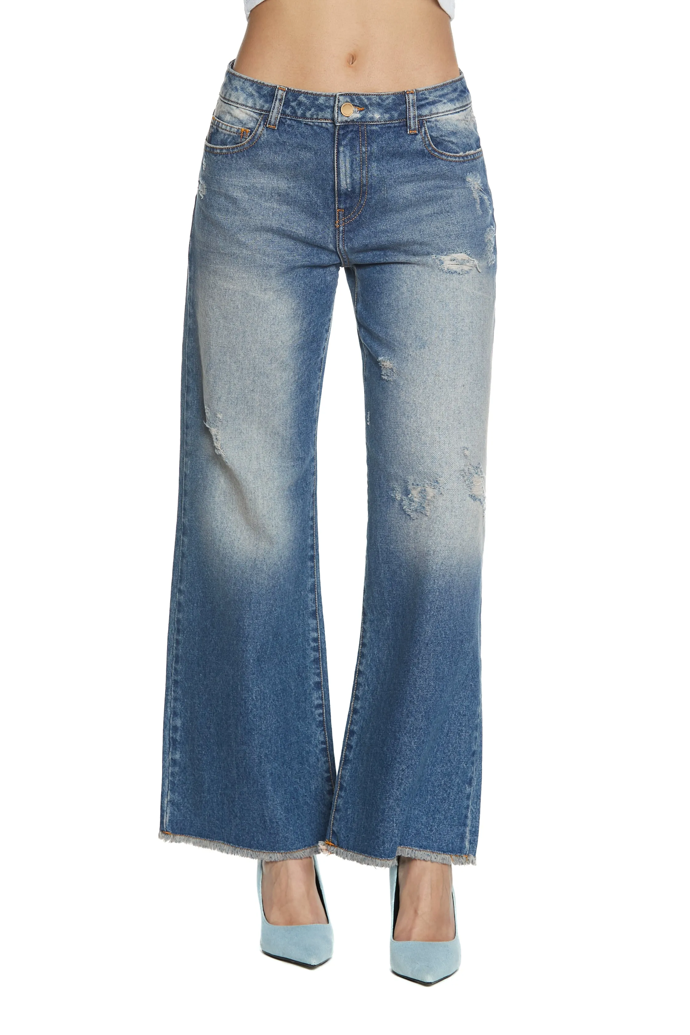 Panta ELLE_2 vita media 5tasche  con sporcatura straight fit denim blu