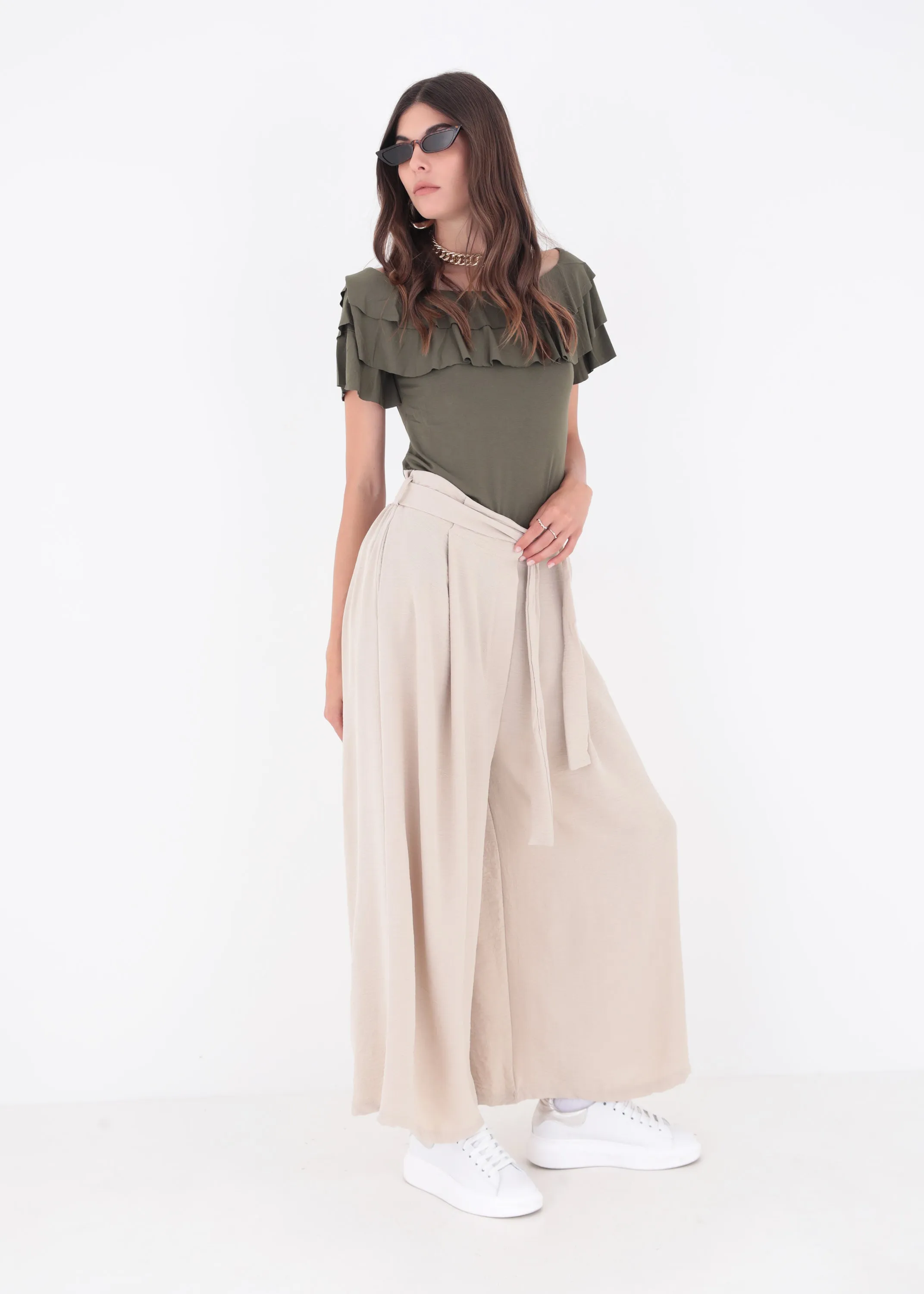Pantalone palazzo con fiocco in tessuto fluido mosso - PE24