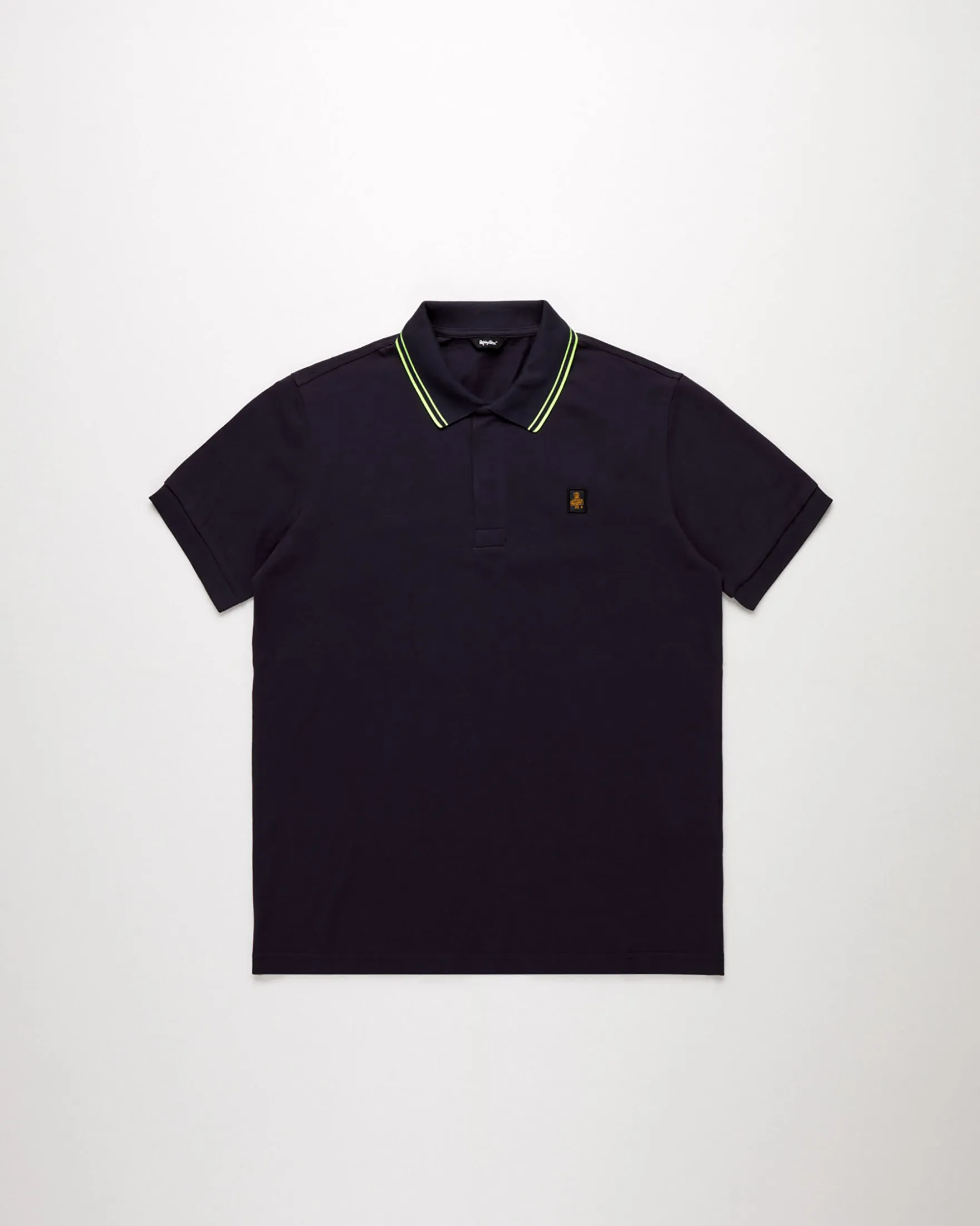 Polo blu mezza manica con abbottonatura coperta e bordino giallo