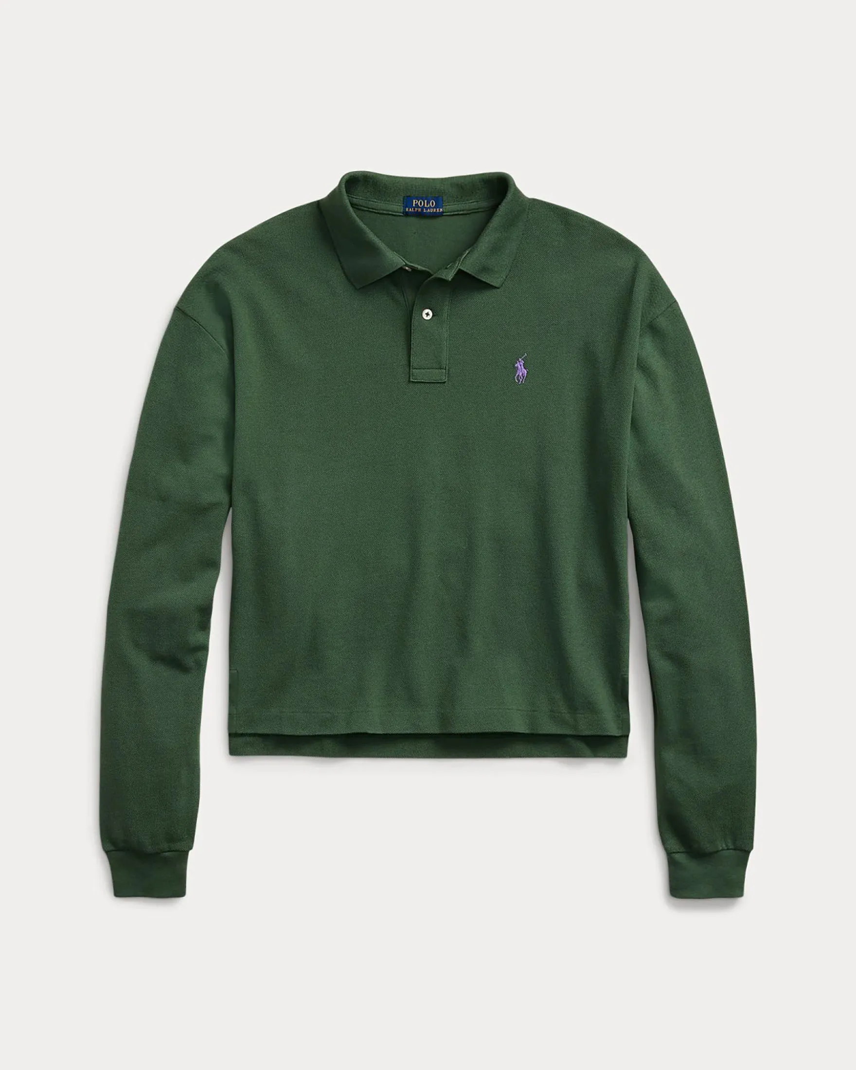 Polo cropped verde bottiglia a maniche lunghe in cotone piquè con logo ricamato sul petto