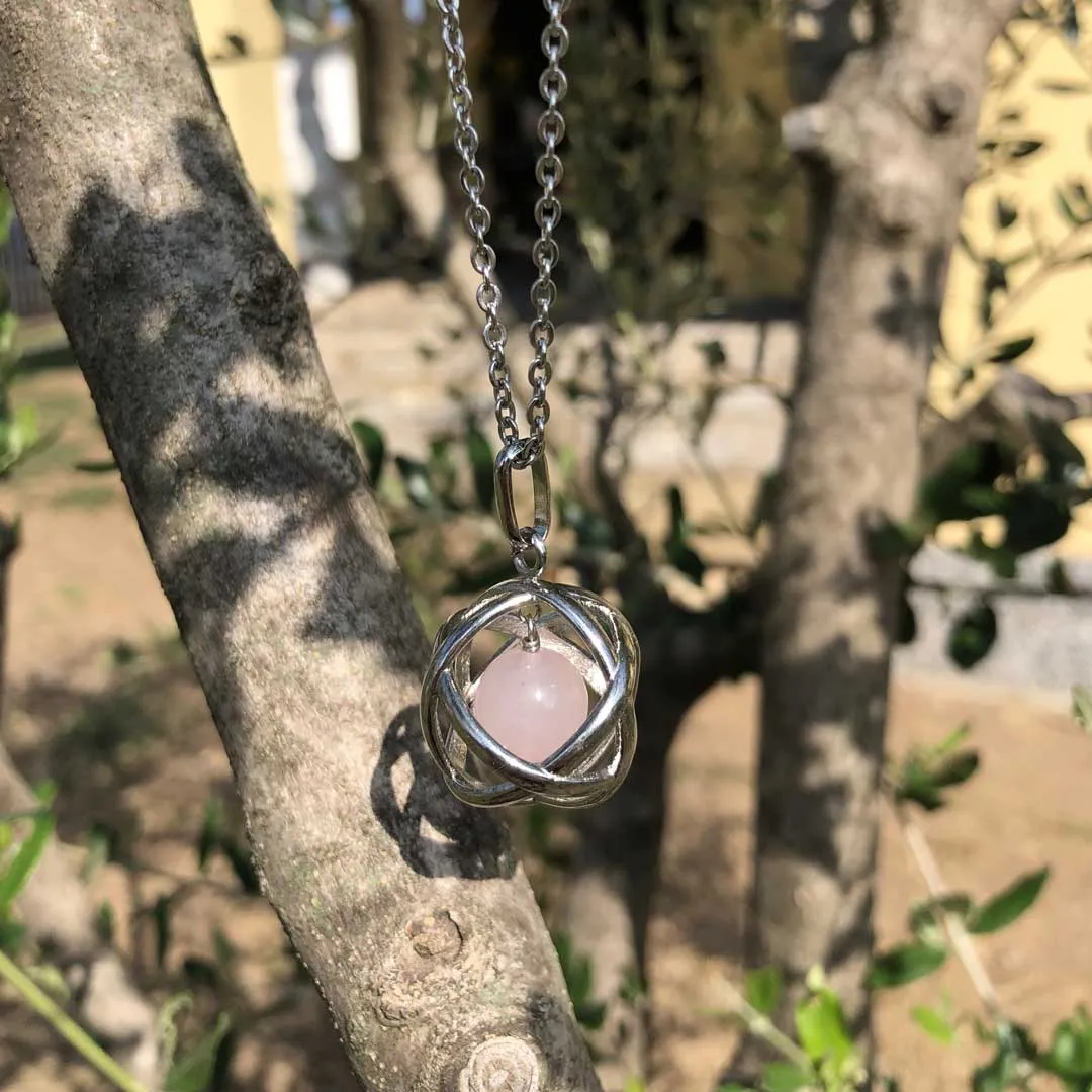 QUARZO ROSA - Collana Regolabile Ciondolo Genesa in acciaio inossidabile con pietra naturale