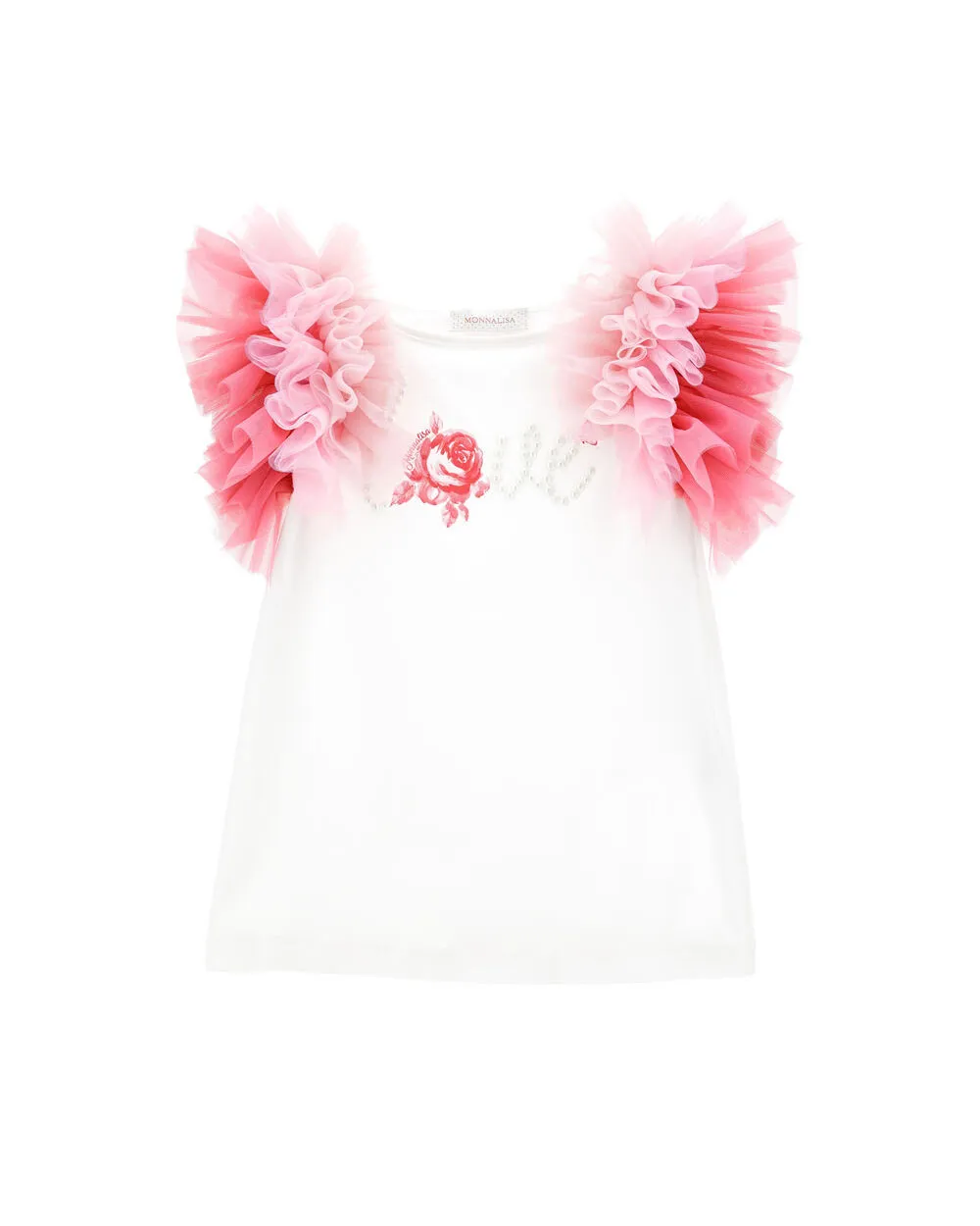 T-shirt bianca con maniche ad aletta in tulle rosa e scritta Love sul petto 4-12 anni