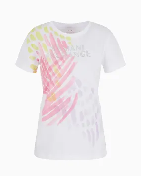 T-shirt bianca in cotone con stampa a motivo pennellate rosa e giallo lime e scritta logo in strass