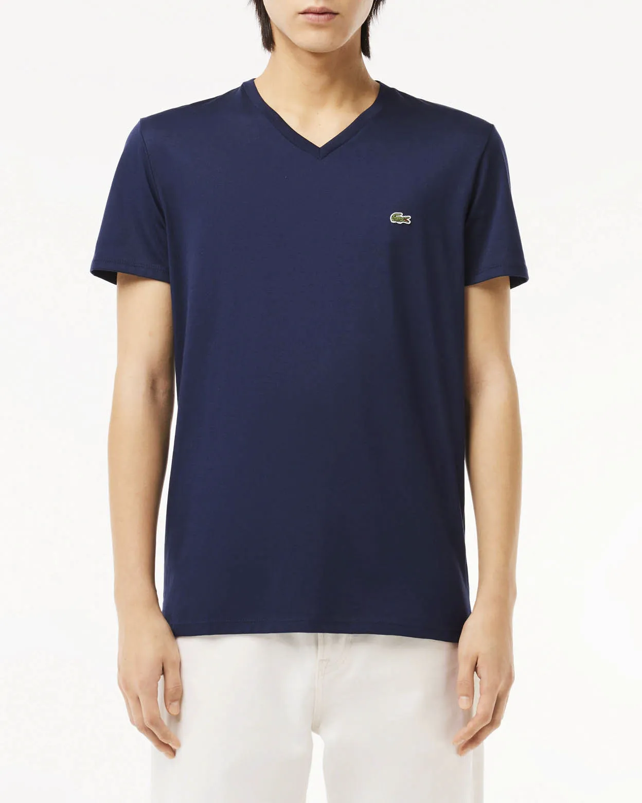 T-shirt blu in pima cotton con scollo a V e logo coccodrillo verde
