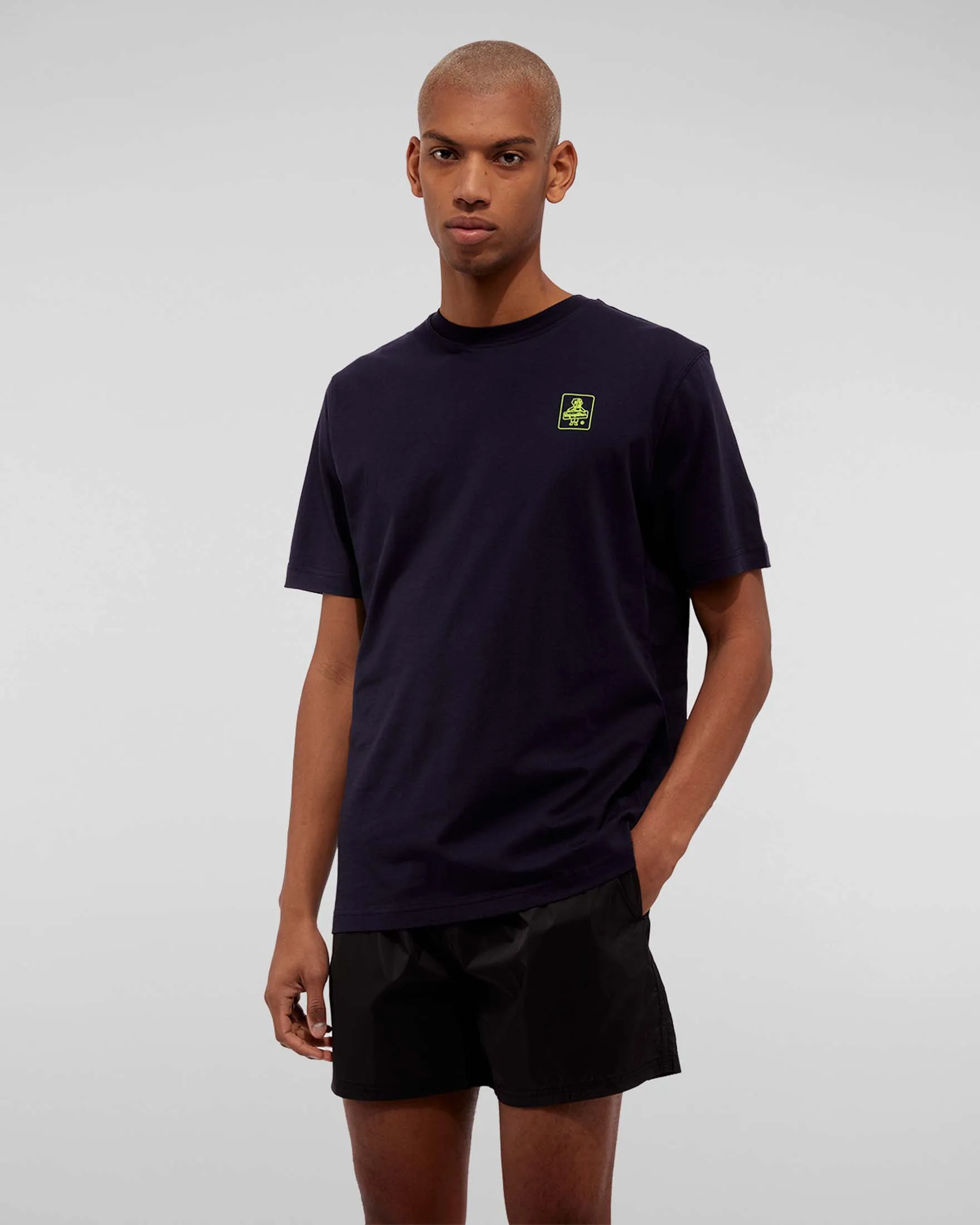 T-shirt blu navy tinta unita in puro cotone con stampa logo giallo fluo sul petto