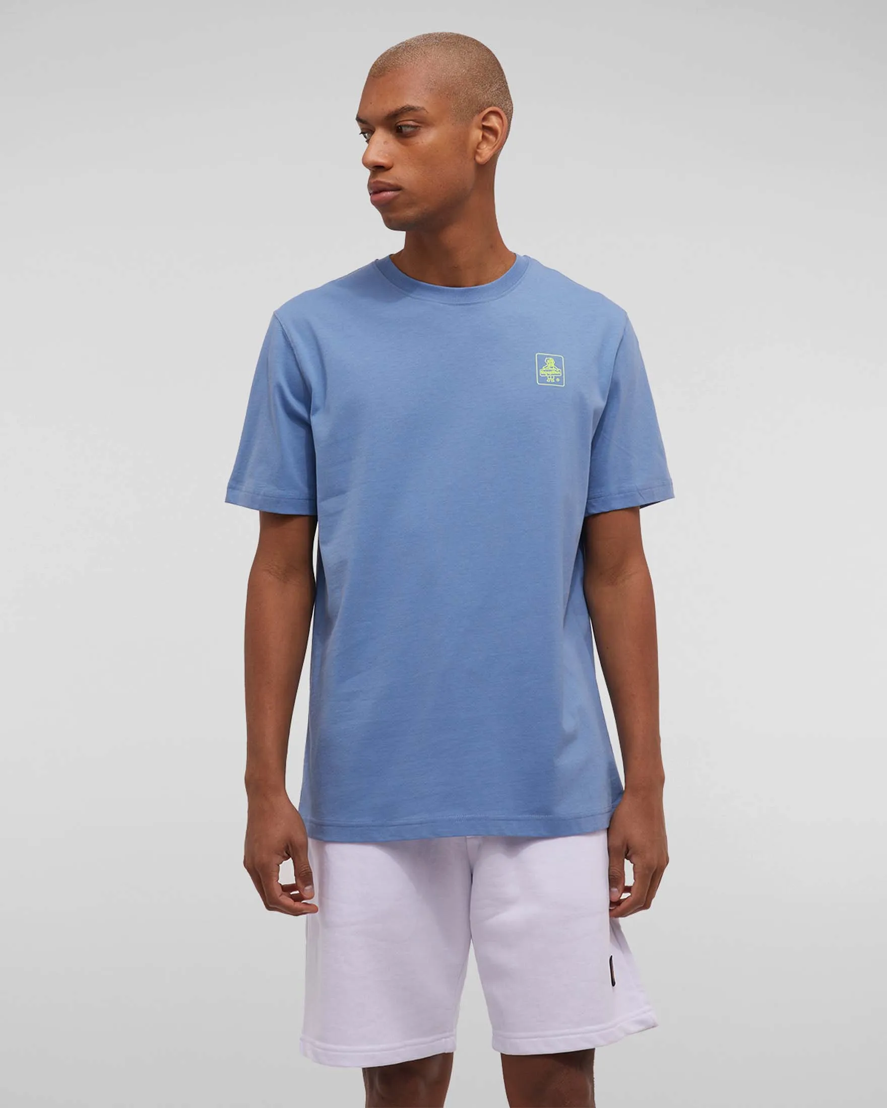 T-shirt color avio tinta unita in puro cotone con stampa logo giallo fluo sul petto