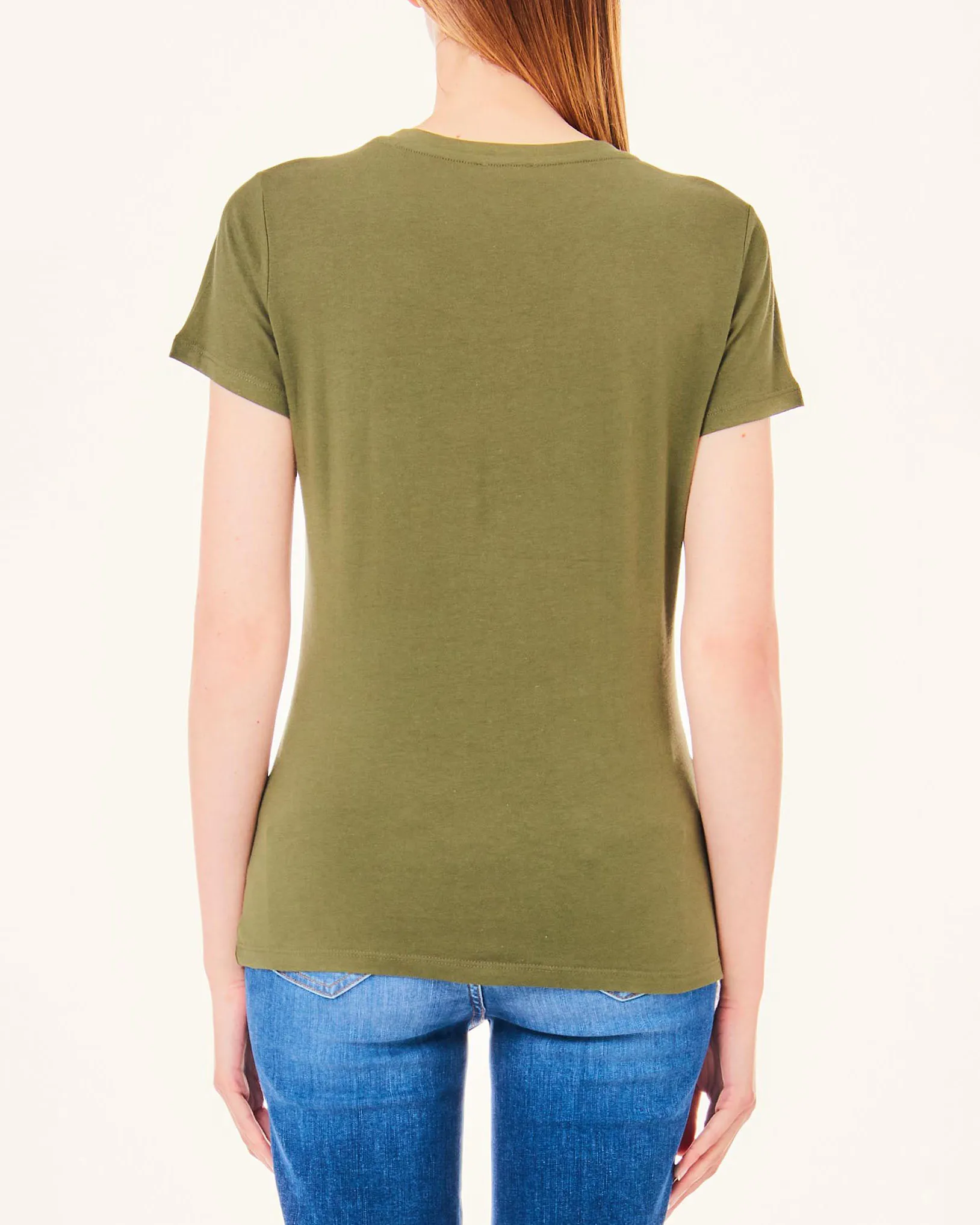 T-shirt verde militare in cotone a scollo tondo con scritta logo in strass