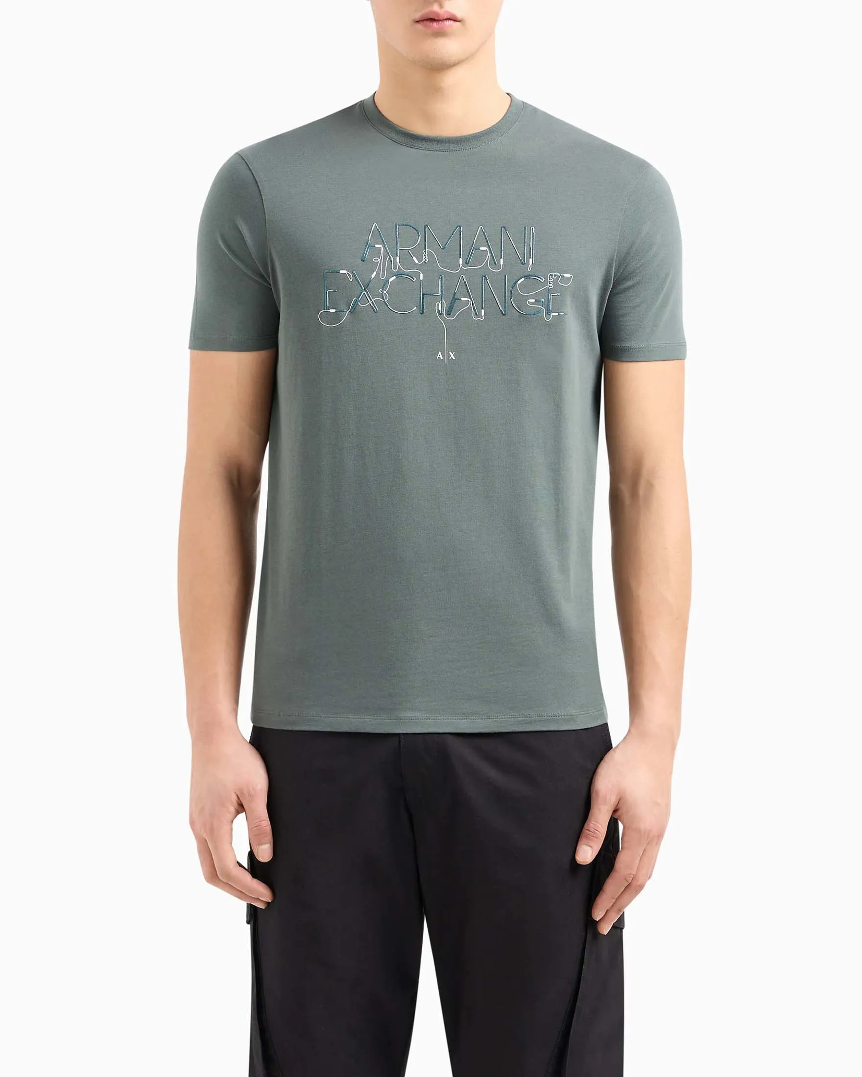 T-shirt verde militare in puro cotone con stampa maxi logo blu stile neon frontale