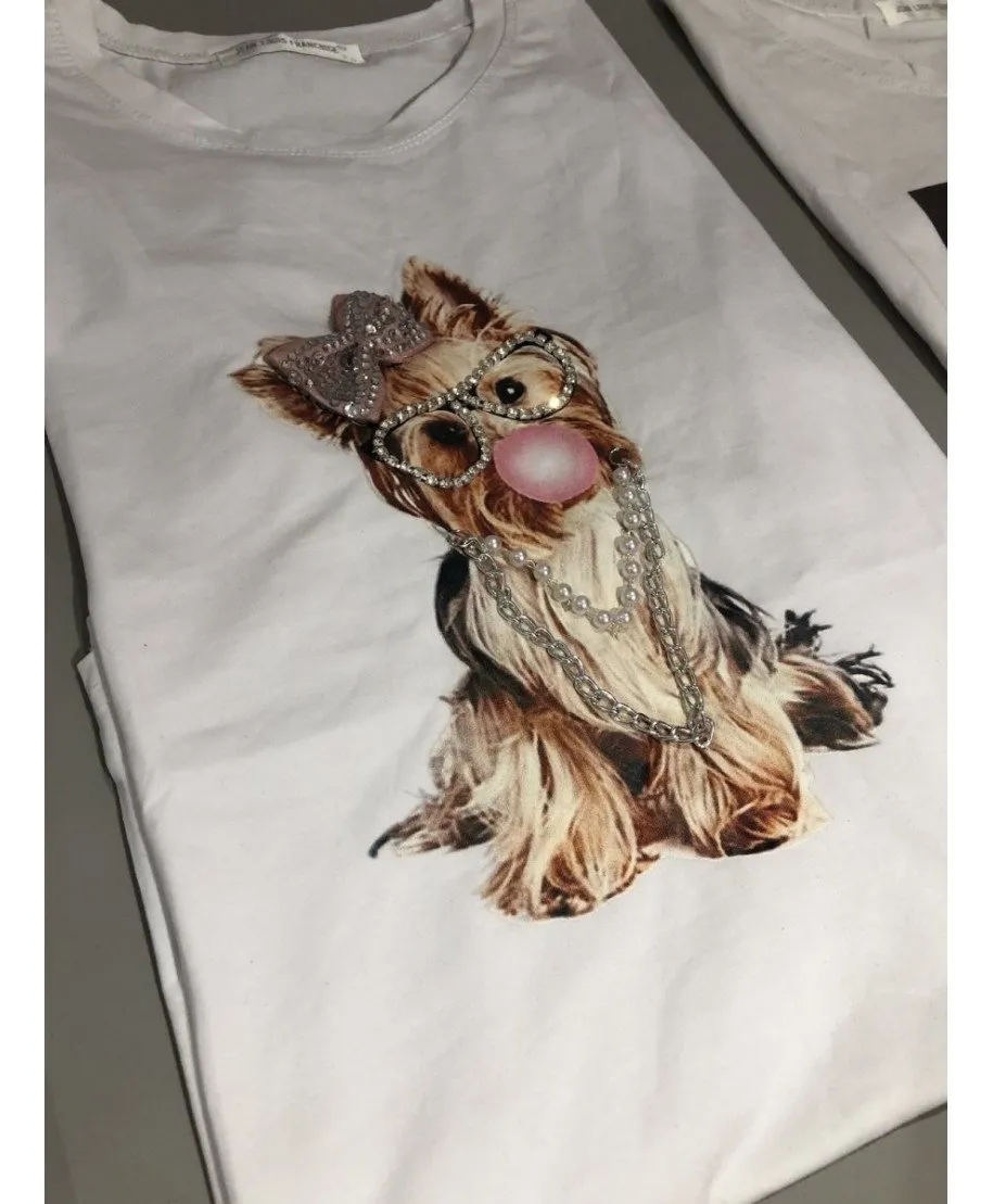 Tshirt donna bianca -  Stampa con applicazioni